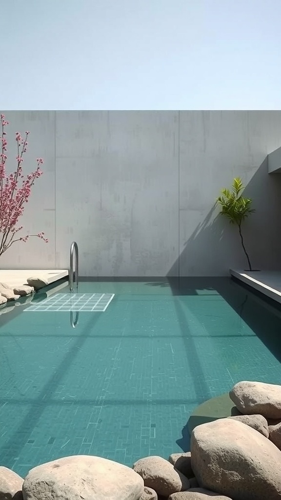 A minimalist zen pool with clear water and a sleek ladder, surrounded by simple tiles.