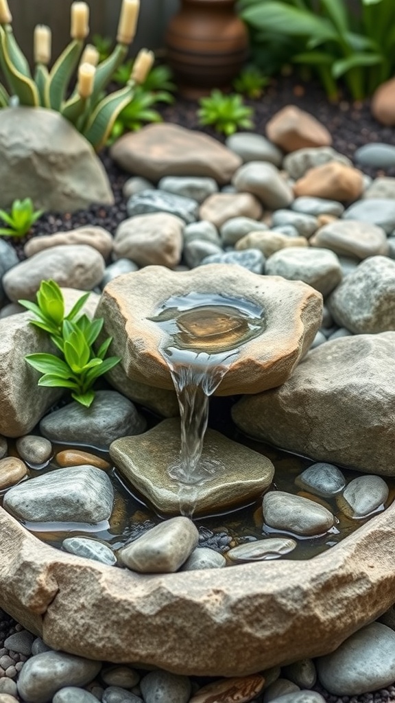 A serene Zen rock fountain with water flowing over stones, surrounded by pebbles and greenery.