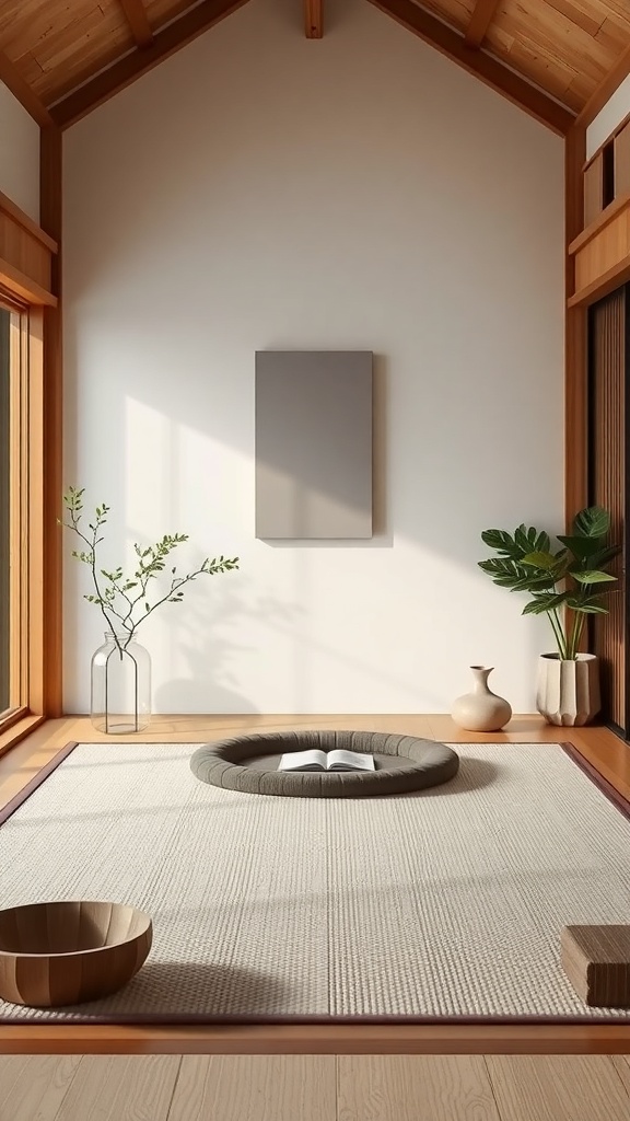 A serene Japandi style interior featuring natural light, wooden elements, and minimal decor.
