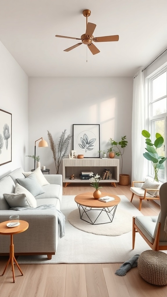 A minimalist living room featuring a gray sofa, wooden coffee table, and plants, designed for a calming atmosphere.