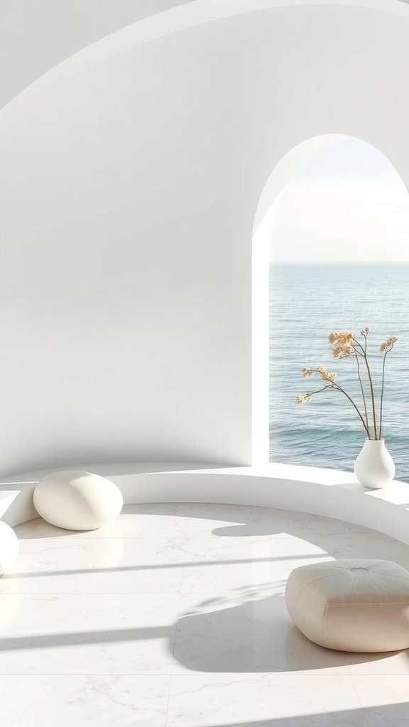 A minimalist interior with a view of calm waters, featuring soft curves and neutral colors.