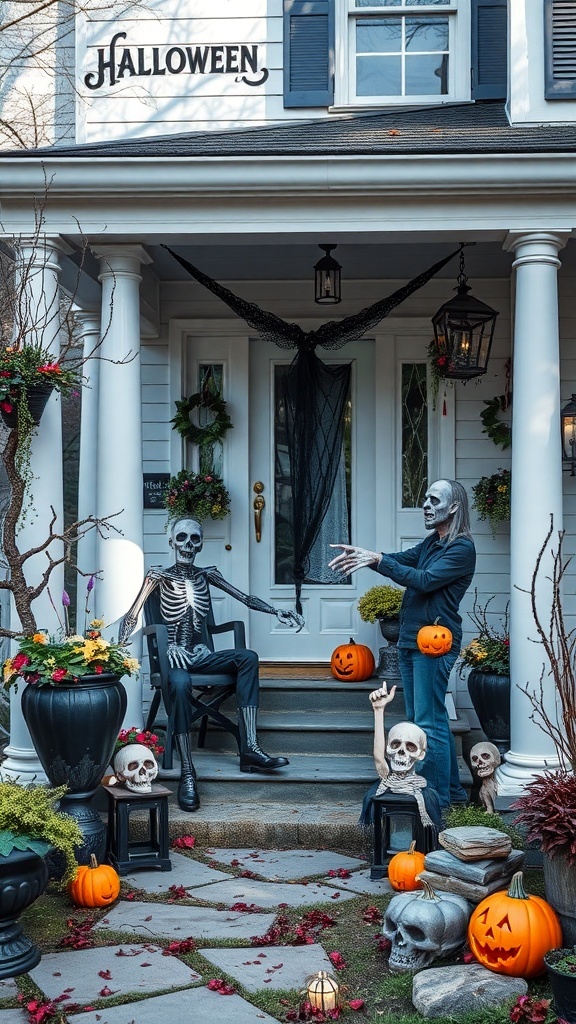 Eine Halloween-Dekoration mit einem Skelett und einer Person in gruseligem Make-up auf einer Veranda, umgeben von Kürbissen und Schädeln.