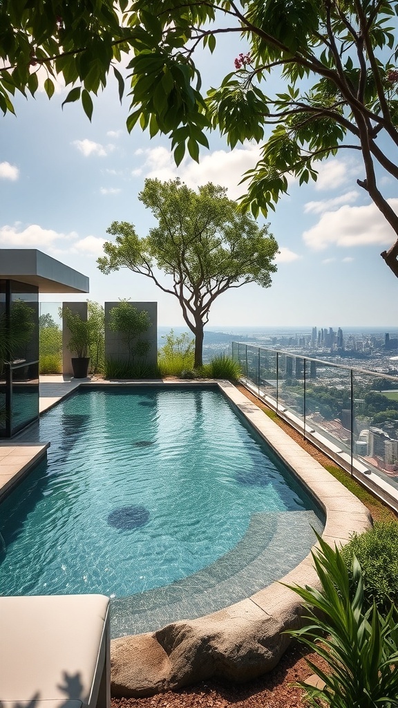 Ein moderner Naturpool mit Blick auf die Stadt, umgeben von Palmen und einer stilvollen Terrasse.