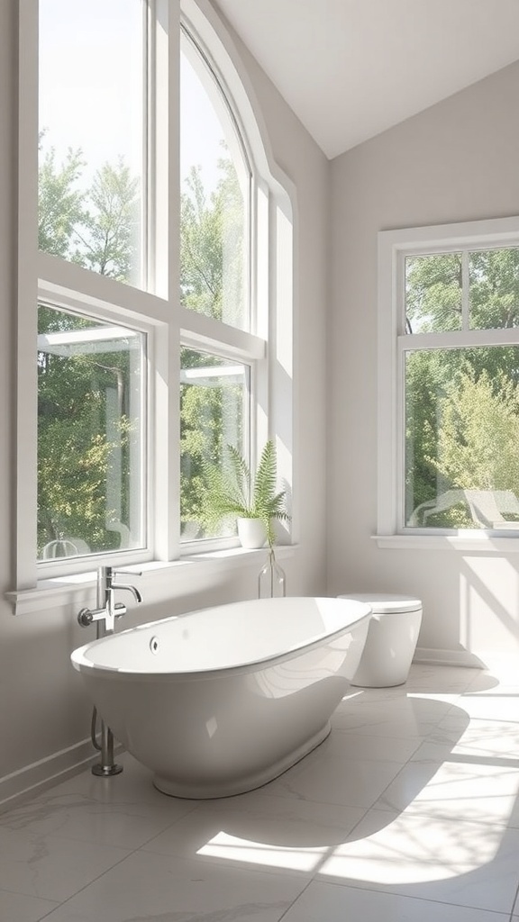 Modernes Badezimmer mit großen Fenstern und freistehender Badewanne