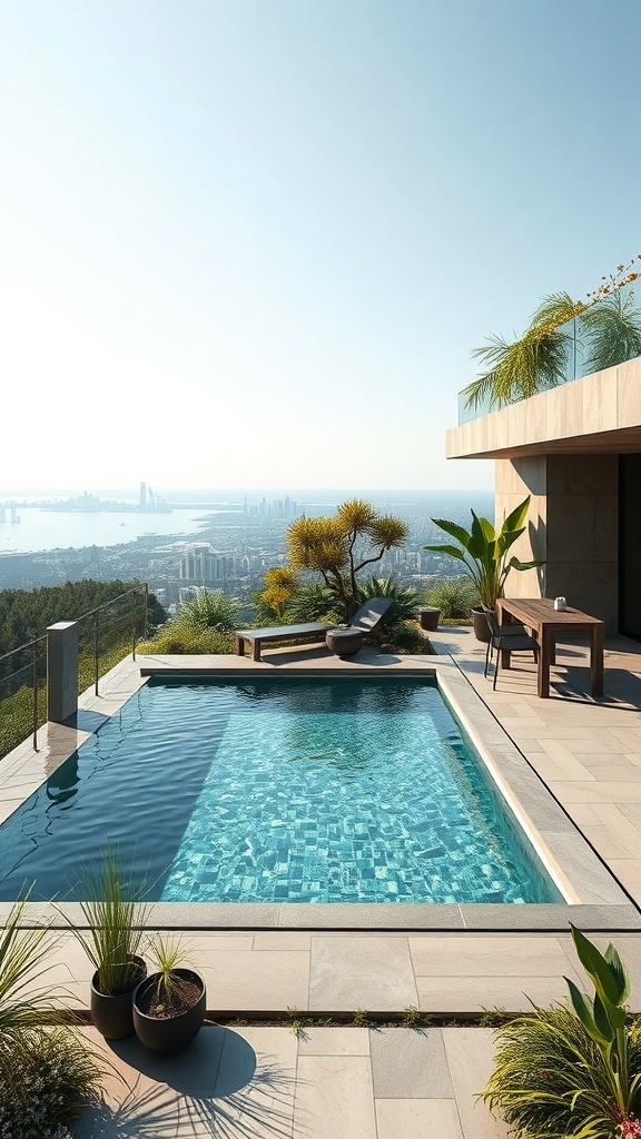 Ein moderner Naturpool mit Blick auf die Stadt, umgeben von Pflanzen und Holzdetails.