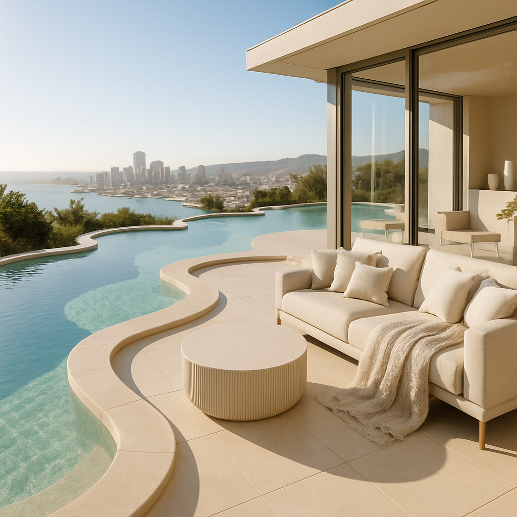 Ein luxuriöser Naturpool mit Blick auf die Stadt und einem modernen Sitzbereich.