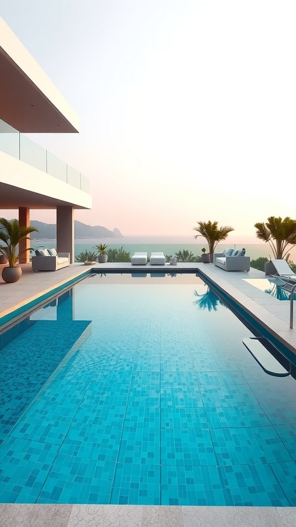 Modernes Pooldesign mit blauen Fliesen und Blick auf die Landschaft