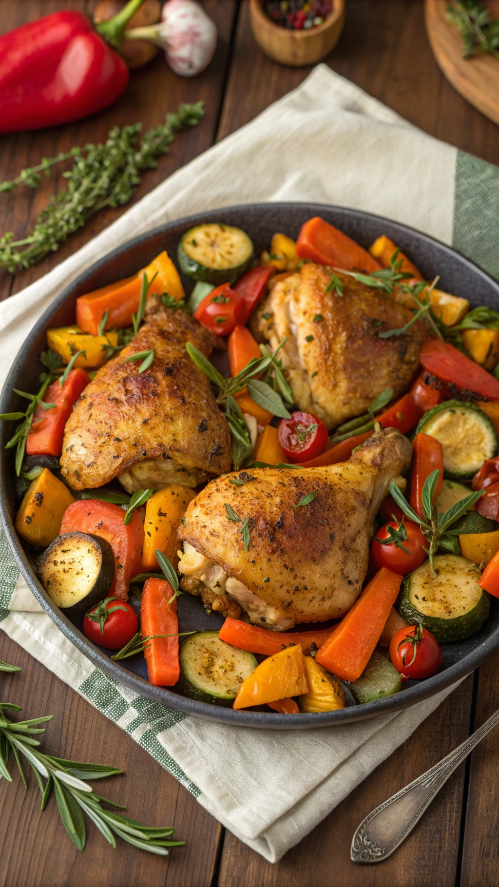 A one-pan dish featuring chicken thighs and colorful vegetables like bell peppers and zucchini, ready for a quick fall dinner.