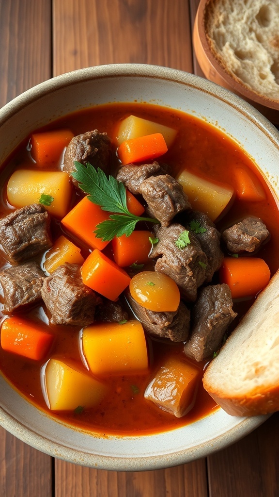 A bowl of beef stew with carrots and potatoes, garnished with parsley, served with bread on a wooden table.