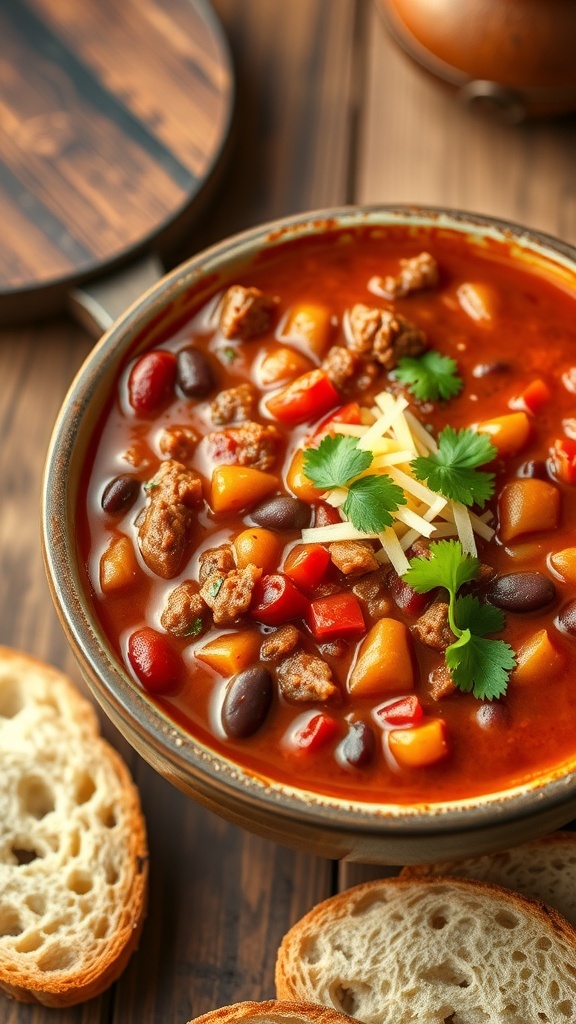 A bowl of chili con carne with ground beef, kidney beans, and tomatoes, garnished with cheese and cilantro, on a wooden table with bread.