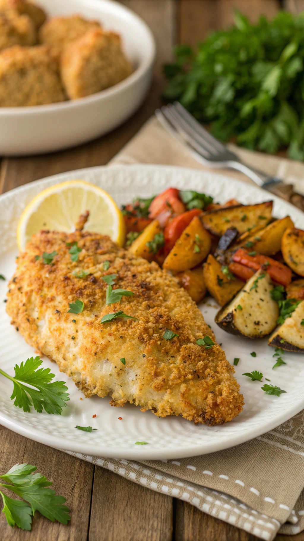 Baked Parmesan crusted chicken breast on a plate with roasted vegetables and lemon, garnished with parsley.