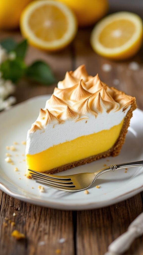 A slice of lemon meringue pie with golden meringue topping and lemon filling on a white plate.