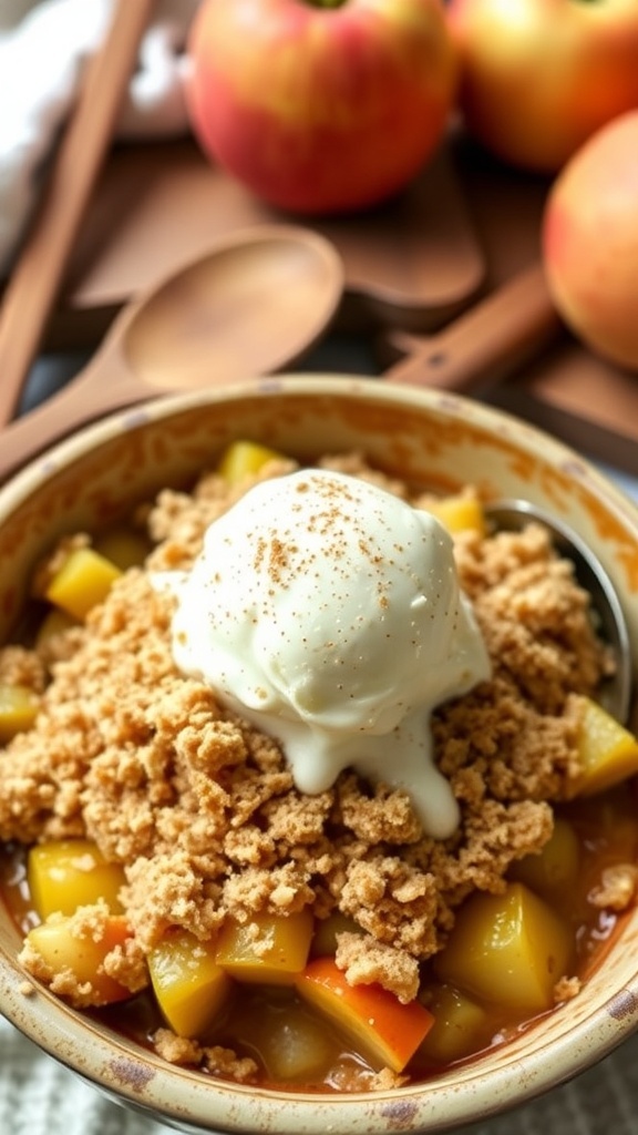 Low carb spiced apple crisp topped with almond flour crumble and ice cream in a rustic dish.