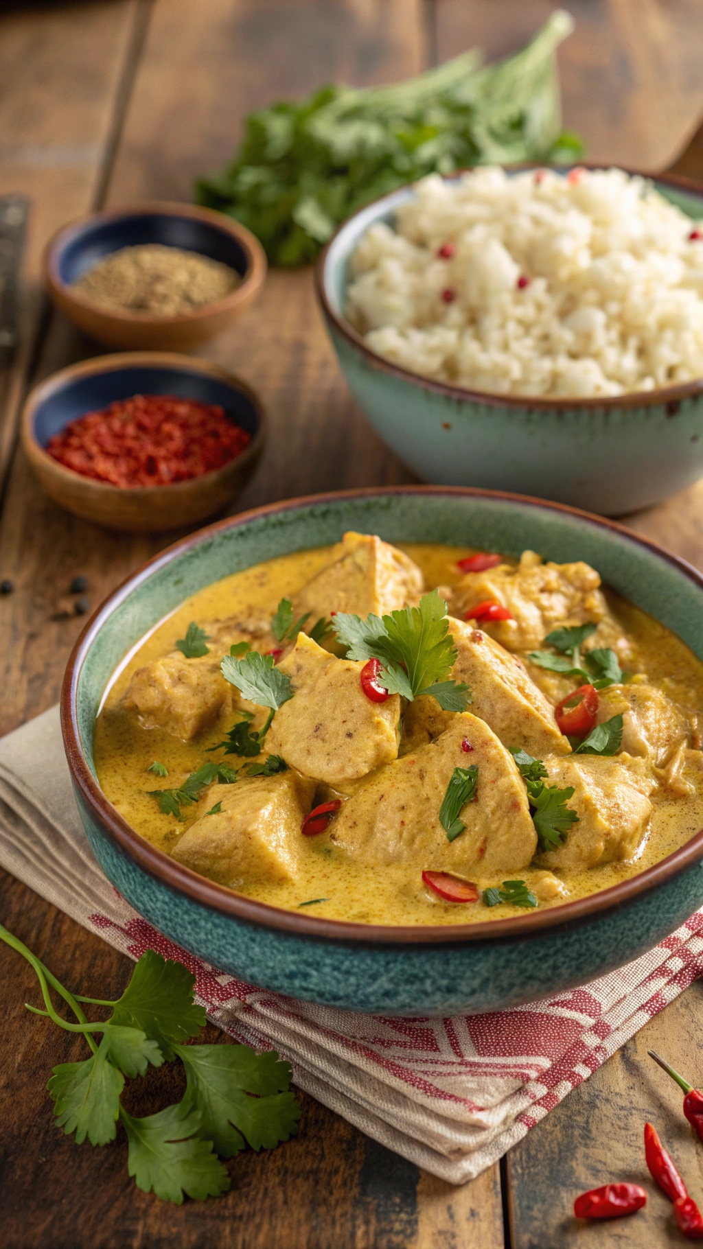 Spicy Keto Chicken Curry Recipe A bowl of spicy chicken curry with coconut milk and cilantro, served with cauliflower rice on a wooden table.