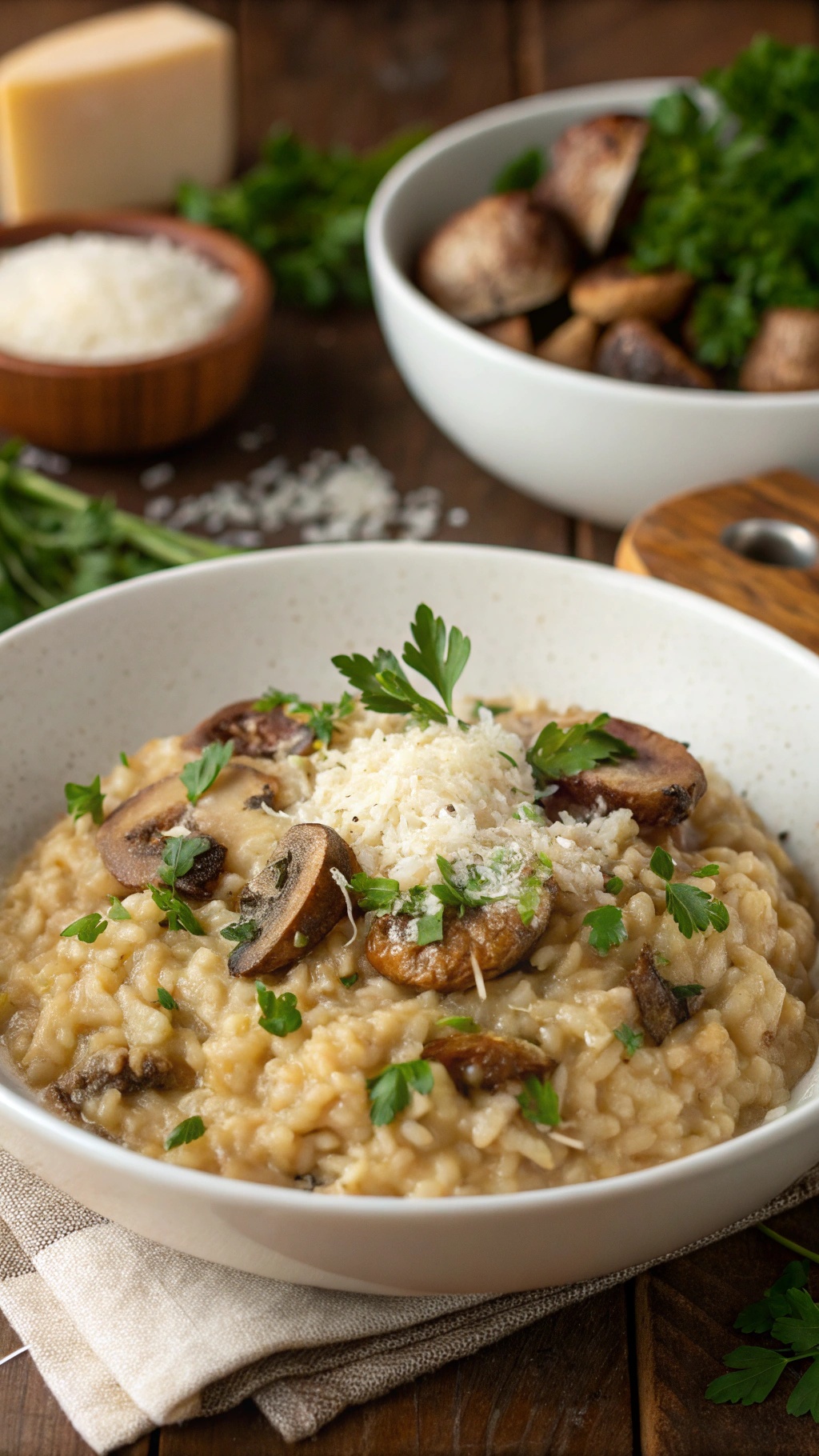 Creamy mushroom risotto in a bowl, garnished with parsley and Parmesan, on a rustic wooden table.