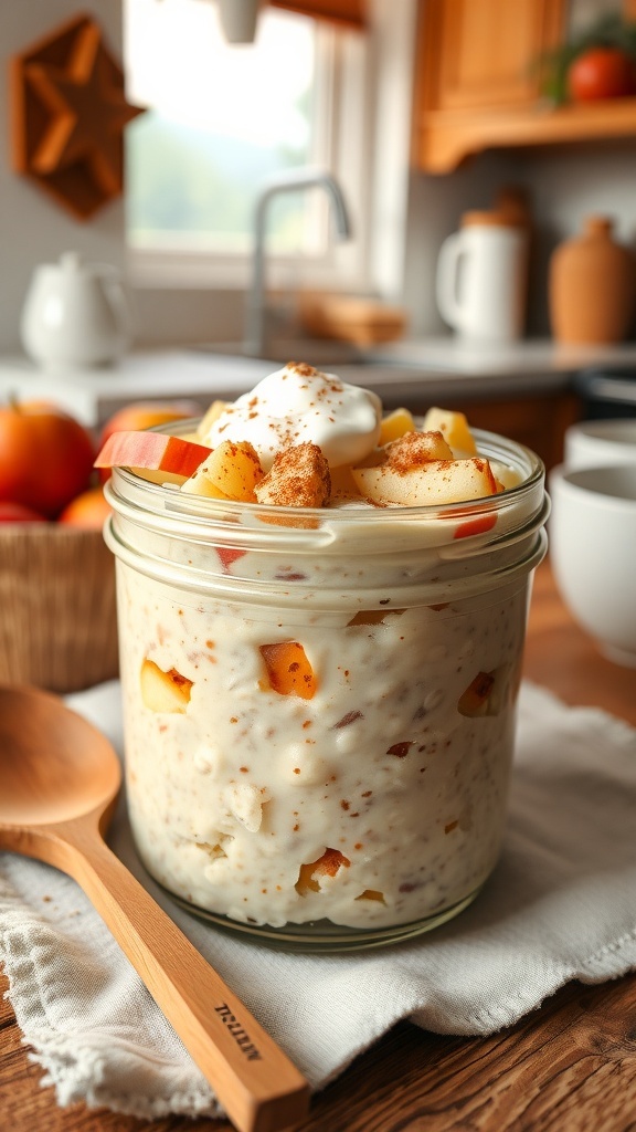 A jar of apple cinnamon overnight oats with diced apples and yogurt, set in a cozy kitchen.