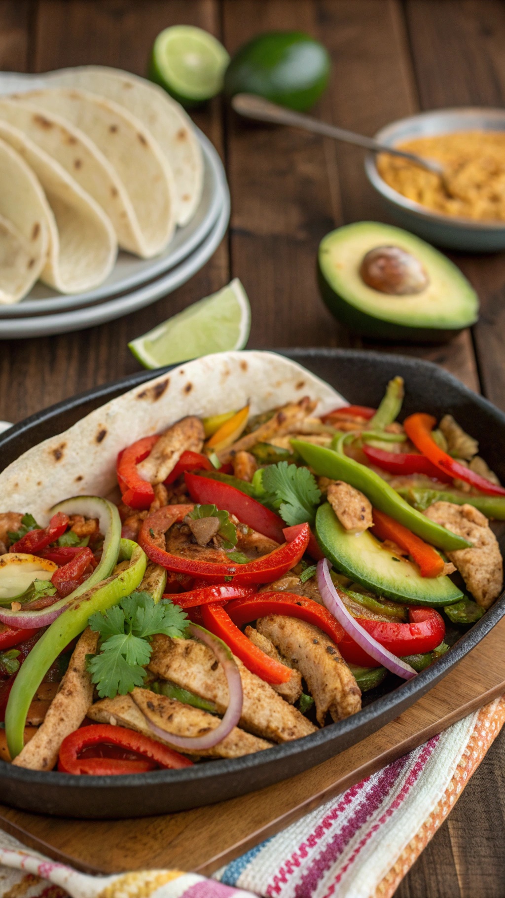 Baked Chicken Fajitas with Peppers and Onions Baked chicken fajitas with peppers and onions served with tortillas and garnished with cilantro and avocado.
