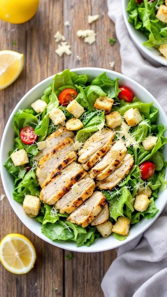 A colorful Caesar chicken salad with grilled chicken, romaine lettuce, parmesan, and croutons on a wooden table.