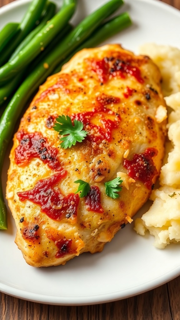 Garlic Parmesan Chicken breast garnished with parsley, served with mashed potatoes and green beans.