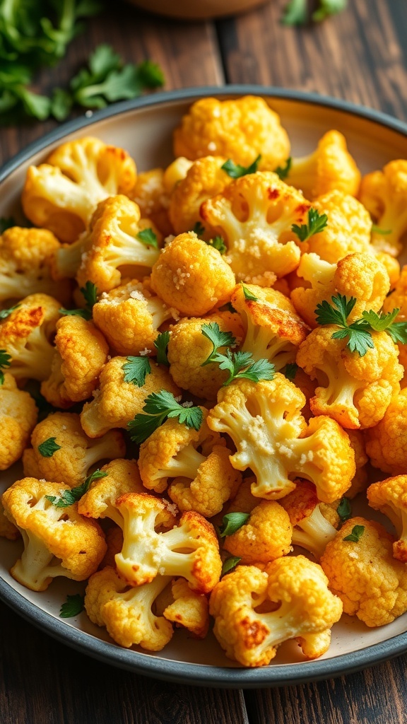 Roasted cauliflower florets with Parmesan cheese and parsley on a wooden table.