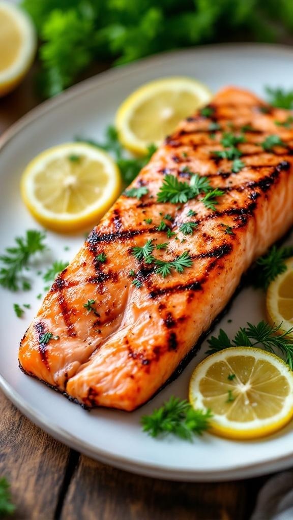 Grilled salmon fillet with herbs and lemon on a white plate, garnished with parsley and dill.