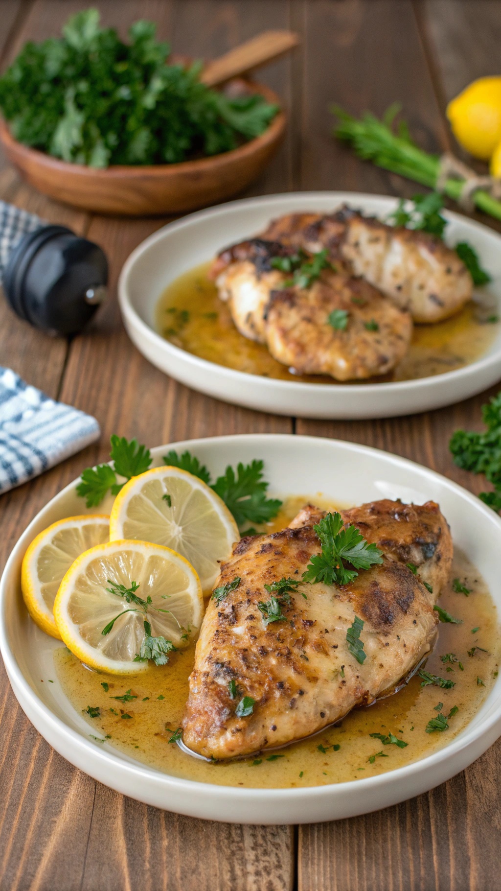 Lemon garlic chicken garnished with parsley and lemon slices on a white plate with vegetables.