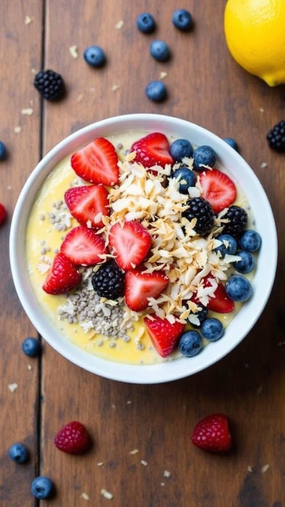 Lemon coconut chia pudding in a bowl topped with berries and coconut flakes on a wooden table.