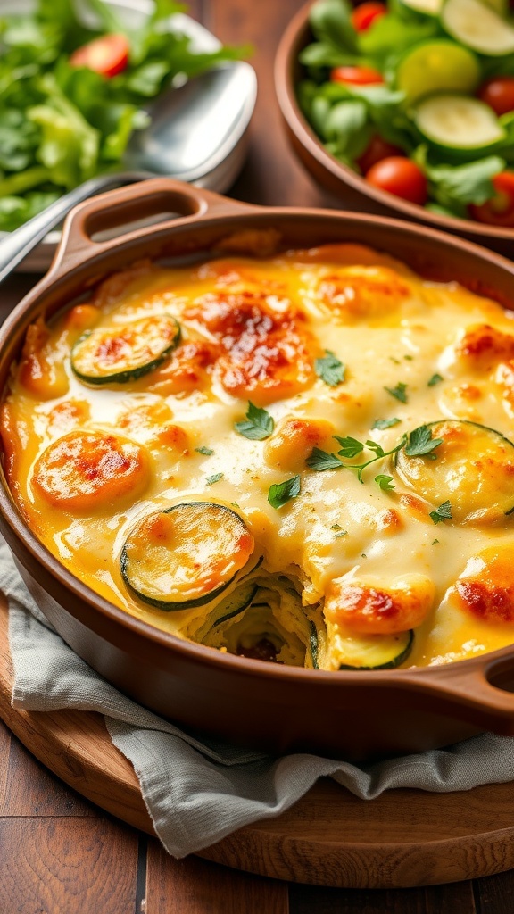 A golden baked zucchini casserole with layers of cheese and zucchini, garnished with herbs, on a rustic table.