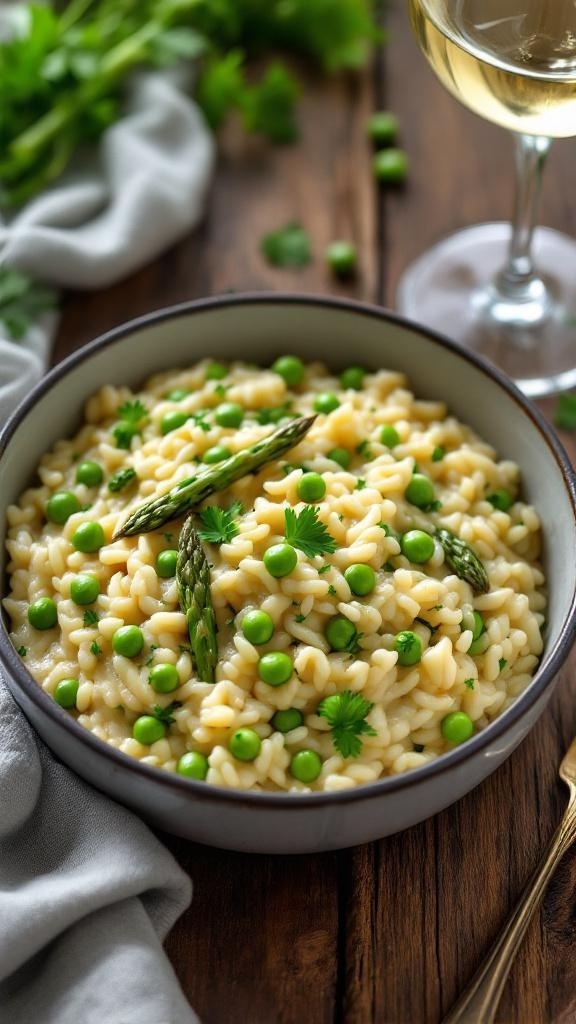 A bowl of vegan asparagus and pea risotto garnished with parsley on a rustic table.