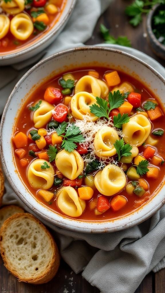 A bowl of vegetable tortellini soup with diced vegetables and tortellini, garnished with parsley and Parmesan, on a wooden table with bread.