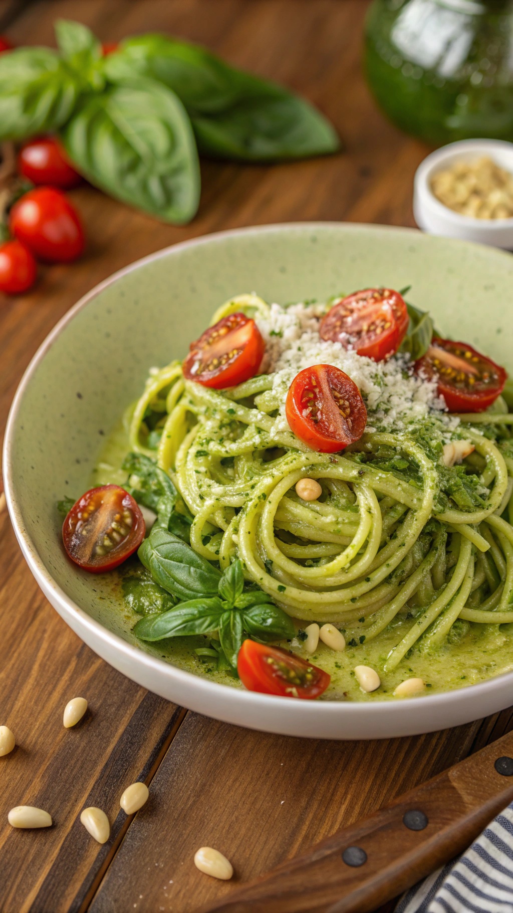 Zucchini noodles with pesto sauce, garnished with cherry tomatoes and Parmesan cheese on a rustic table.