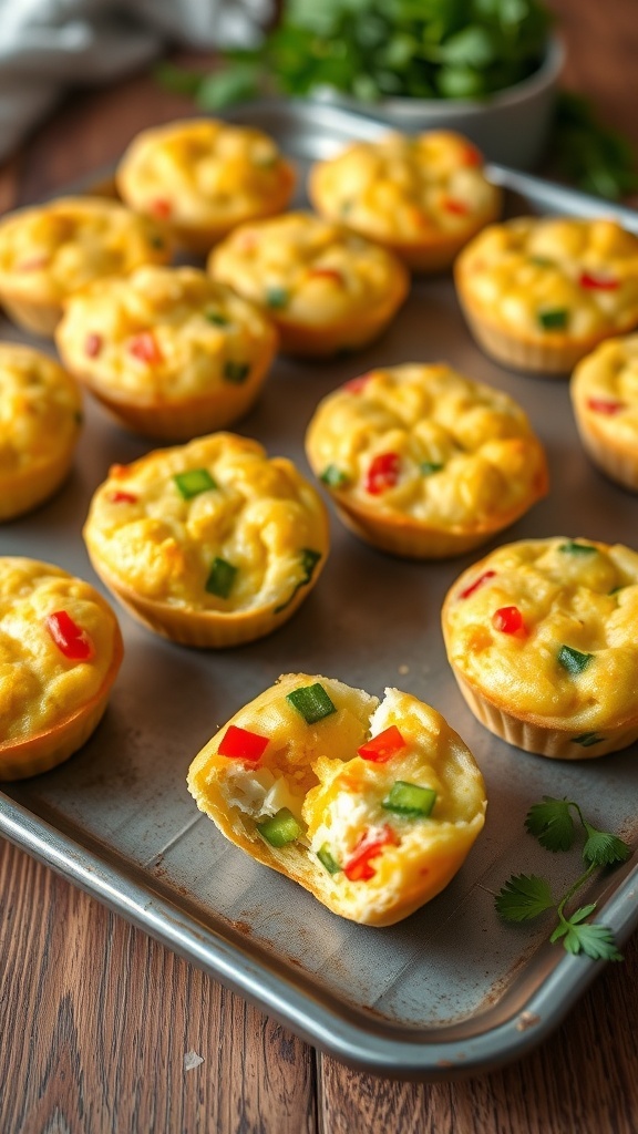 A tray of golden egg muffins with vegetables and cheese on a wooden table.