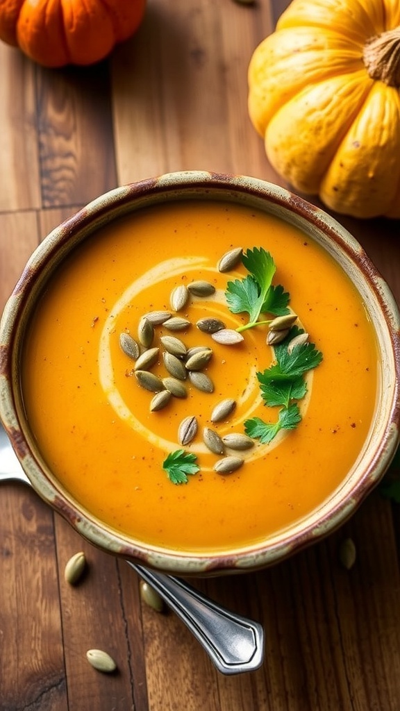 A bowl of creamy pumpkin soup topped with pumpkin seeds and cilantro on a wooden table.