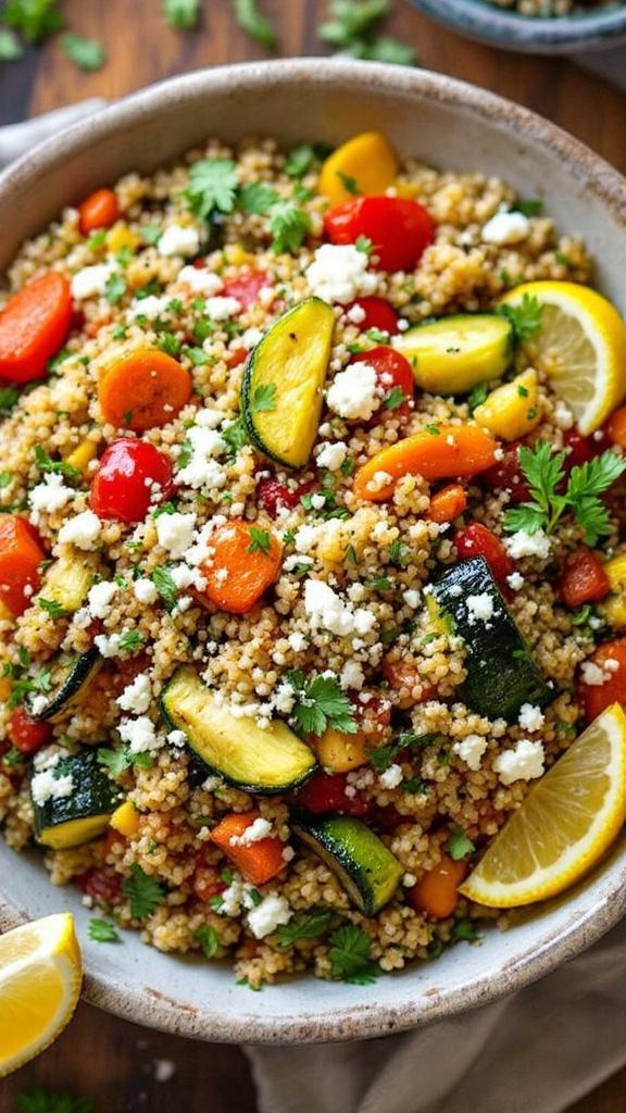 A colorful quinoa bowl with roasted vegetables, feta cheese, and herbs on a rustic table.