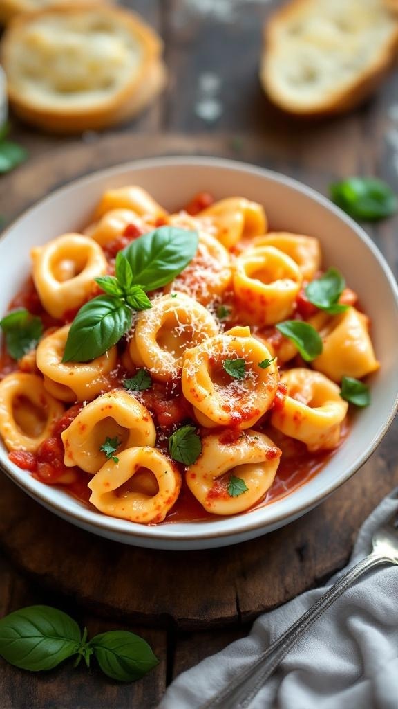 Creamy tomato basil tortellini in a bowl, garnished with basil and Parmesan, with garlic bread on a rustic table.