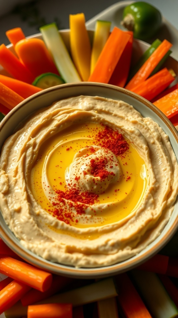 A bowl of zesty hummus with fresh veggies for dipping, including carrots, cucumbers, and bell peppers.