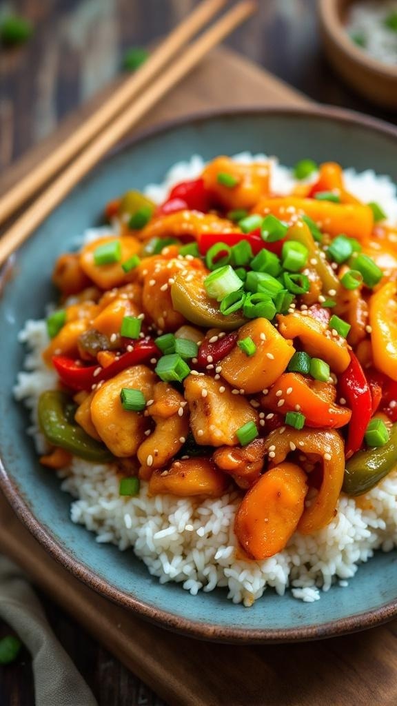 A colorful spicy kimchi stir-fry with bell peppers, onions, and protein, garnished with sesame seeds and green onions, served over rice.