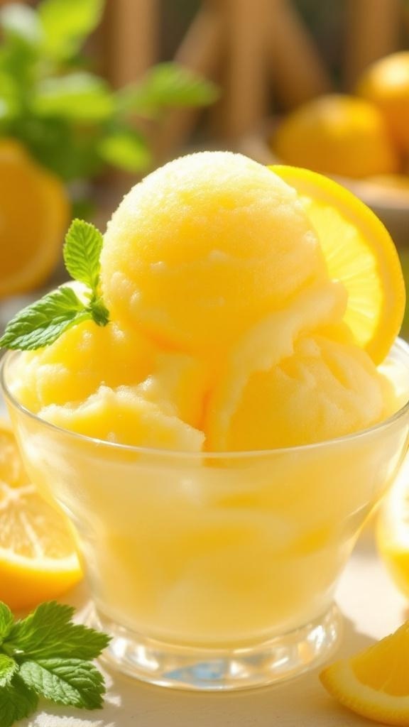 A bowl of bright yellow lemon sorbet garnished with lemon slice and mint on a sunny patio.