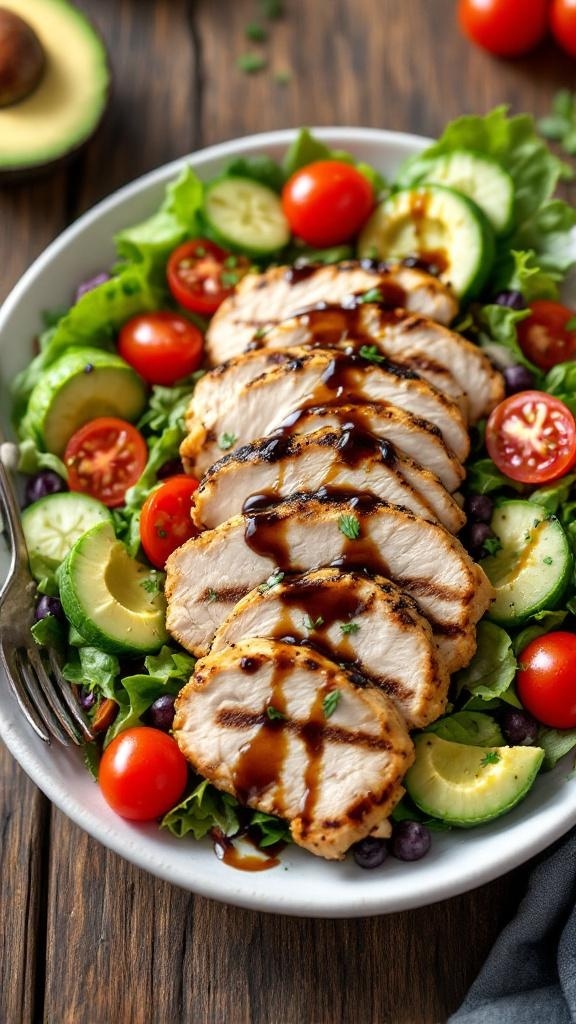 A colorful grilled chicken salad with mixed greens, cherry tomatoes, cucumber, and avocado, drizzled with balsamic dressing on a wooden table.