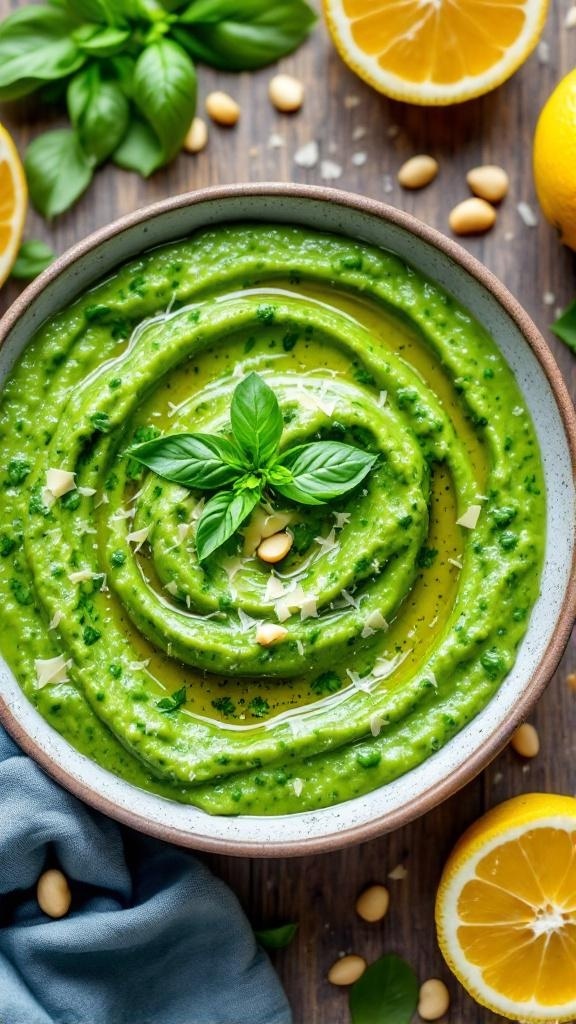 A bowl of lemon basil pesto garnished with basil leaves and surrounded by lemons and pine nuts.