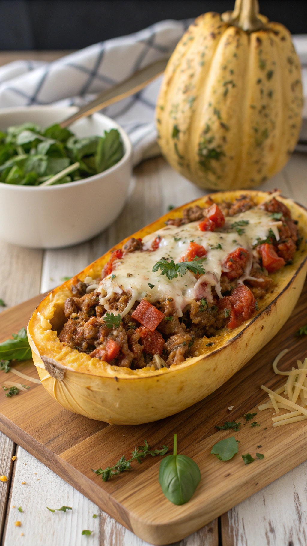 Stuffed spaghetti squash with ground meat and cheese, garnished with fresh herbs.