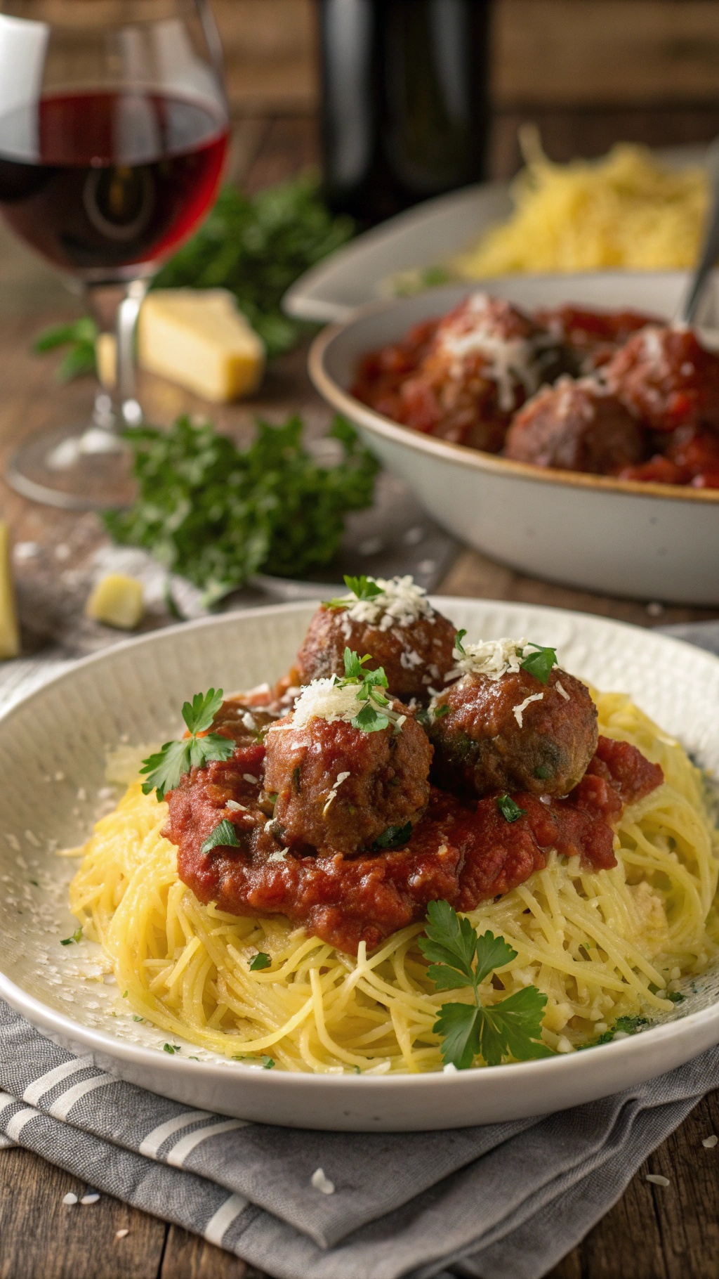 A plate of spaghetti squash topped with meatballs and marinara sauce, garnished with parsley and cheese.