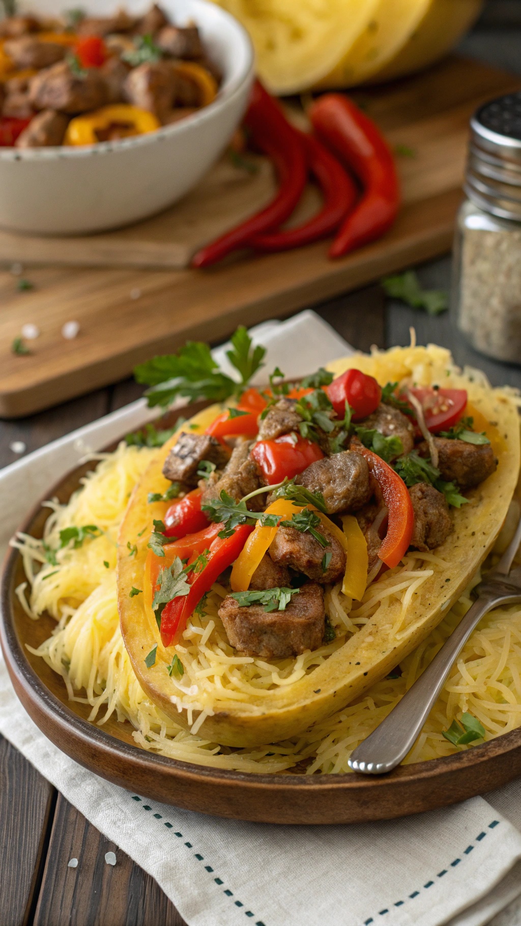 A plate of spaghetti squash topped with sausage and colorful peppers, garnished with fresh herbs.
