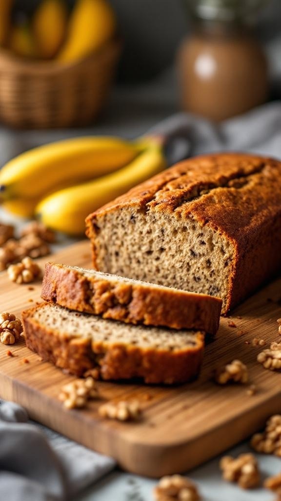 A loaf of banana bread sliced on a wooden board, with bananas and walnuts in the background.