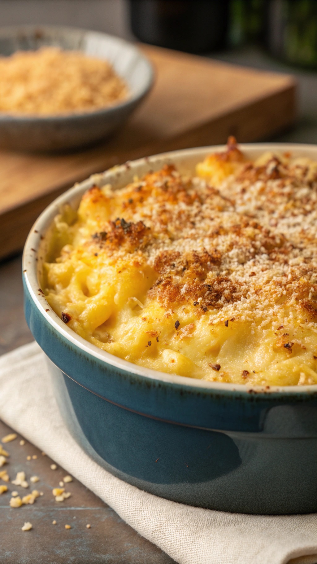 A baked dish of spaghetti squash mac and cheese with a golden crust and breadcrumbs on top.
