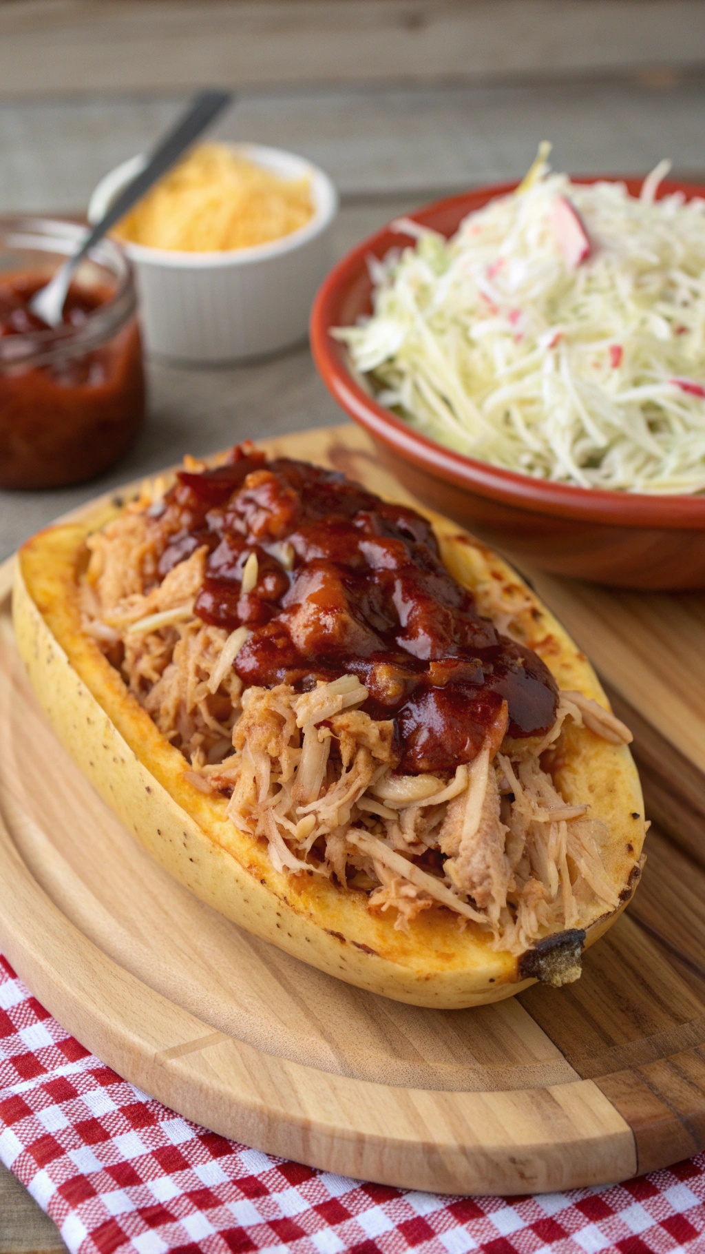 BBQ spaghetti squash topped with pulled pork and barbecue sauce, served with coleslaw.