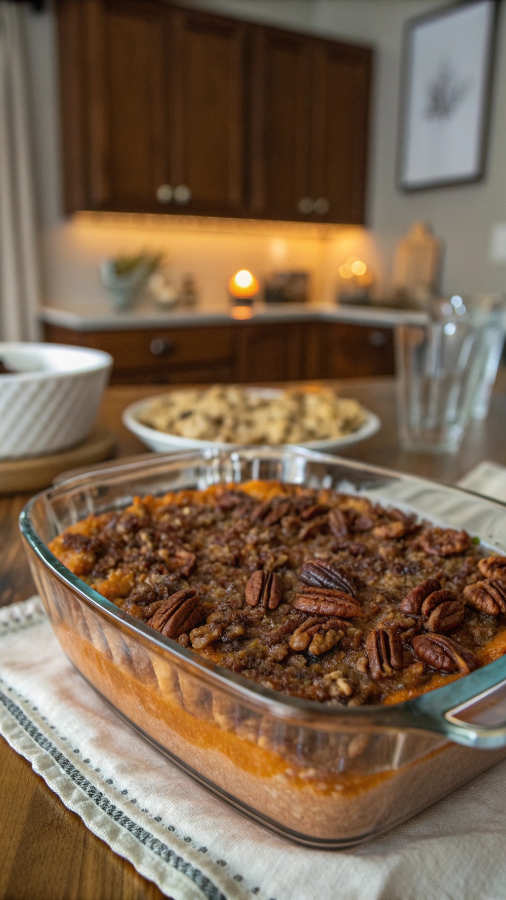A delicious one-pot sweet potato casserole topped with pecans, ready for Thanksgiving dinner.