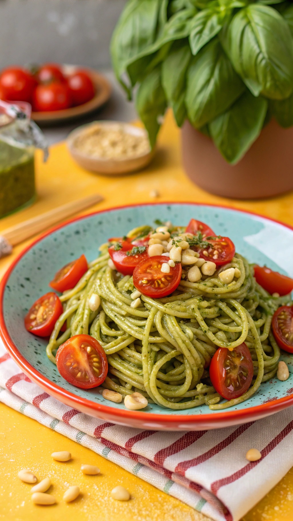 A plate of gluten-free spaghetti topped with pesto, cherry tomatoes, and pine nuts, with fresh basil in the background.