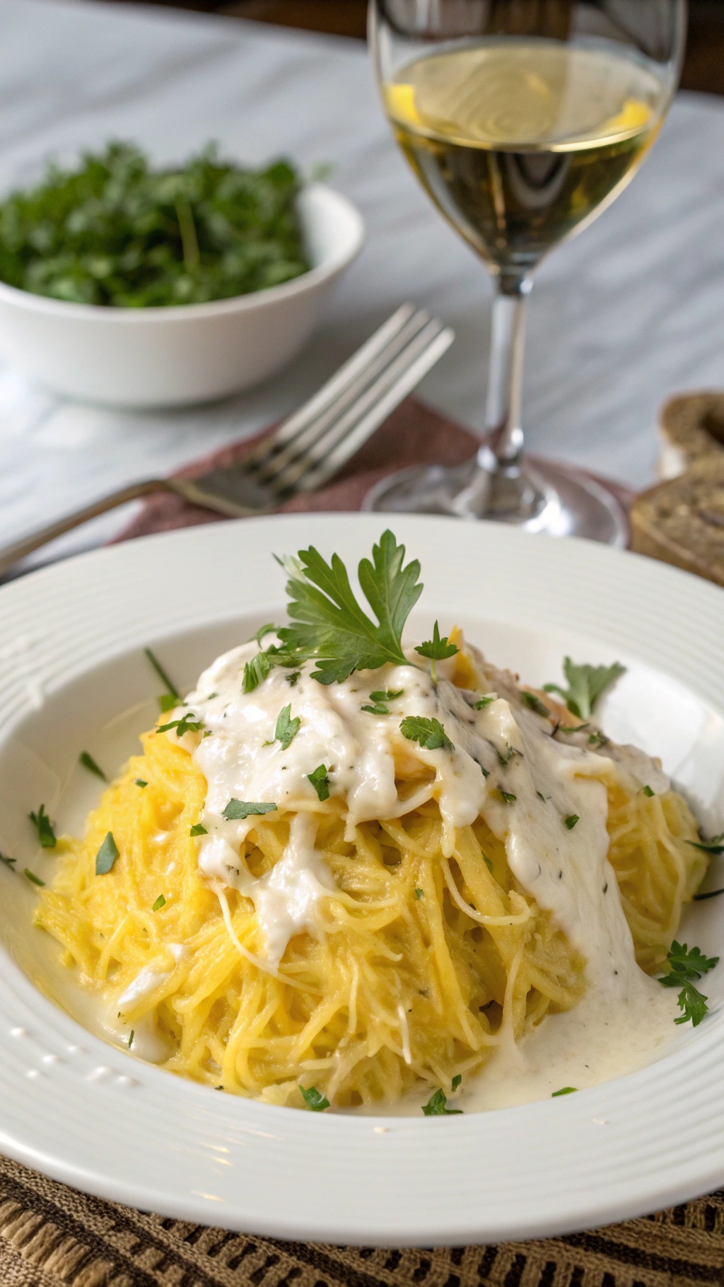 A plate of spaghetti squash topped with creamy Alfredo sauce and garnished with parsley, alongside a glass of white wine.