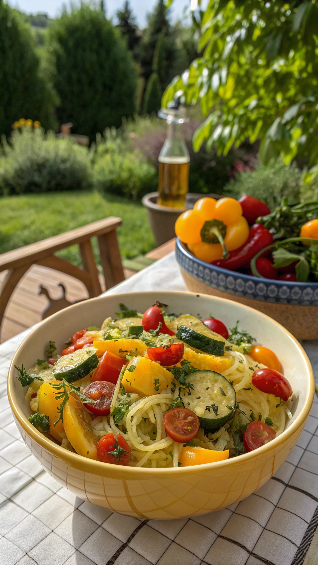 A bowl of spaghetti squash primavera with colorful vegetables in a sunny garden setting.